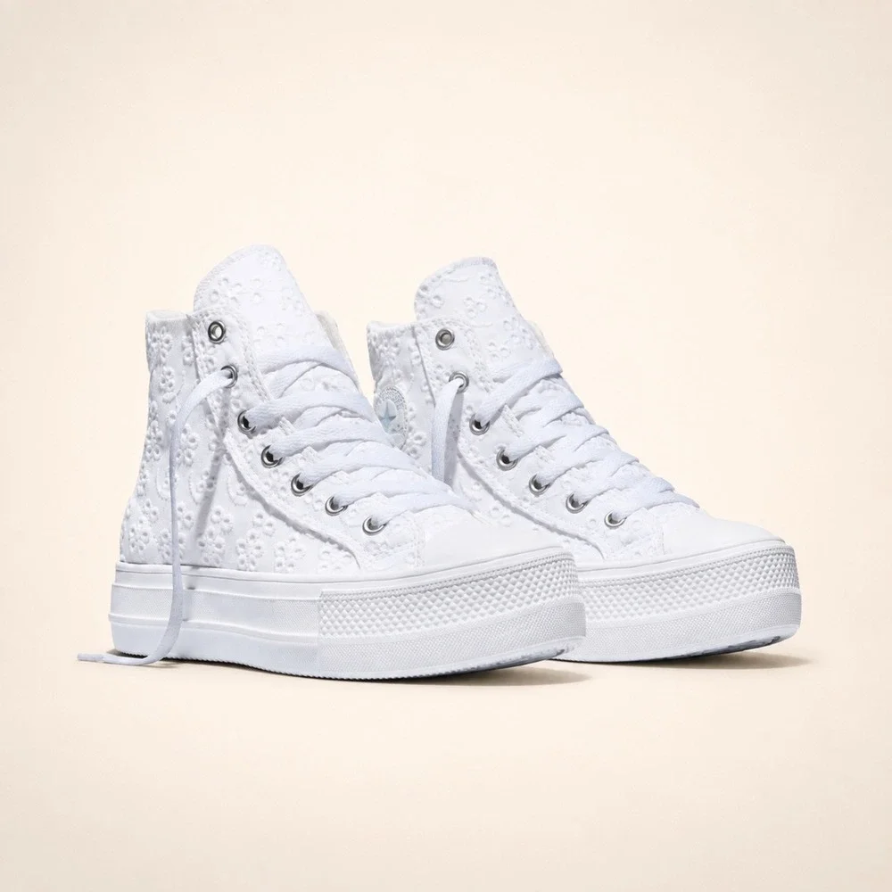 Converse Day One Platform Hi White Eyelet Floral High Top Sneakers Kid 6 NEW